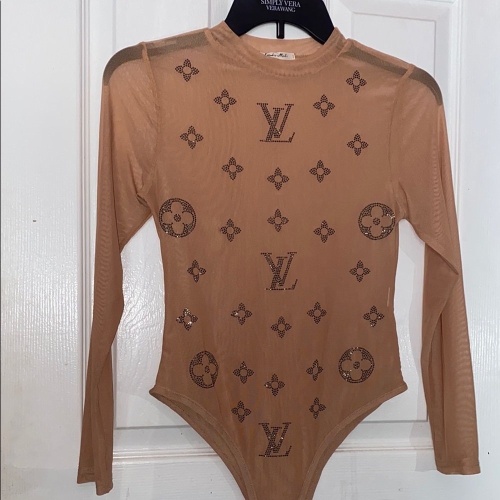 Tan Long Sleeve Mesh Bodysuit with Logo Pattern